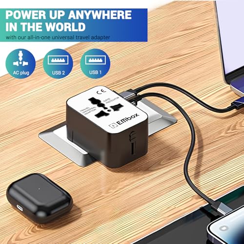 Image of Embox Universal Travel Adapter | All-in-One Worldwide Charger Adapter with Type C, USB & Type A Ports | Supports 224+ Countries | International Plug for Phone, Laptop, Gadgets (White & Black)