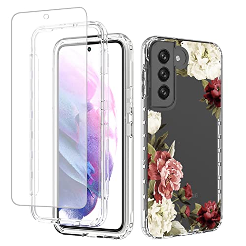 Coque Galaxy S22 avec protection écran verre trempé intégral fleur transparent Samsung S22 5G