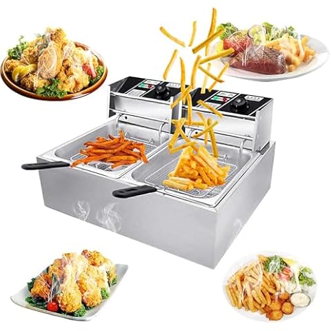 LWWJJ Electric Deep Fryer, 3500W 12.7QT/12L Large Dual Tank Electric Deep Fryer Countertop, Detachable Large Capacity Stainless Steel Countertop for Home Kitchen and Restaurant Cover