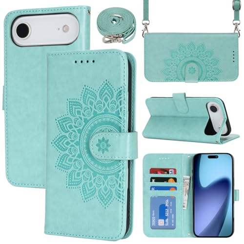 Cavor Crossbody Wallet for iPhone Air 6.5'' PU Leather Case Magnetic 3D Embossed Flower Women Flip Kickstand with Card Holder Shoulder Lanyard Protective Cover-Long Strap Flower Light Green