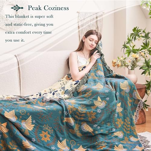 Image of XIBLC Boho Throw Blanket, 100% Cotton Ultra Soft Luxury Throw Rustic Quilt, 90 inchx98 inch Floral Printed Farmhouse Decor Bed Summer Blankets, All Season Rustic Reversible Bohemian Throw for Bed - Blue