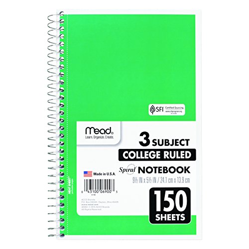 Mead Spiral Notebook, 3 Subject, College Ruled Paper, 150 Sheets, 9-1/2" X 5-1/2", Color Selected For You (06900) #TOP3