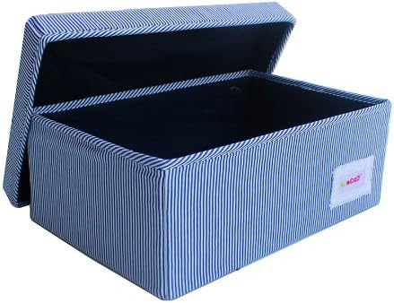 Minene Small Foldable Fabric Storage Box L32xW21xH12cmLinen Cosmetic Stationery Organiser with Stripes(Blue)