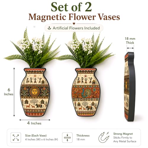 Image of Regalo Casila Magnetic Artificial Flower Vase Fridge Magnets Set of 2 Warli Painting Peacock Sun Tribal Folk Art Refrigerator Kitchen Home Office Decor Housewarming Gift