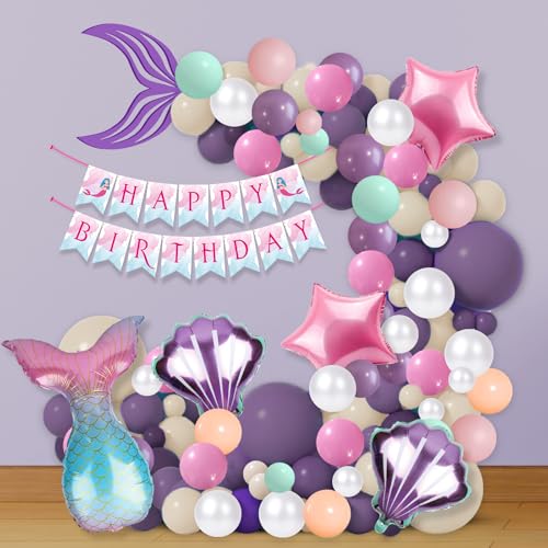 Image of Party Propz Mermaid Theme Birthday Decoration Kit for Girls - 64 pcs, Happy Birhday Banner for Kids, Mermaid Balloons for Decorations | Under The Sea Theme Decor for Kids