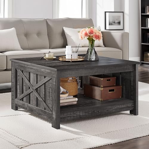 DWVO Square Coffee Table for Living Room Farmhouse Coffee Table with Storage,2-Tier Wood Center Table with Half Open Storage Compartment, Dark Rustic Oak