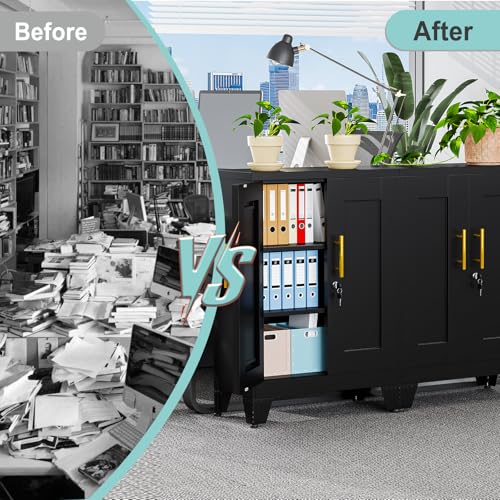 Image of pozdeg 35.43 inch Lockable Metal Storage Cabinet, Steel Office File Cabinet | Garage Tool Cabinet with 2 Adjustable Shelves, Freestanding Multi‑Purpose Cabinet for Home, Office & Garage, Black