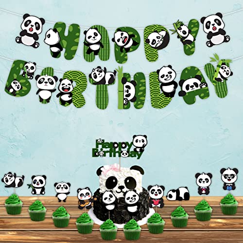 Image of FestikoCute Cartoon Panda Birthday Decoration Supplies (12 Pcs), Children Party Decoration,Girl Birthday Decoration Full Birthday Set Banner,Cake Topper,Cup Cake Topper for Birthday Decoration