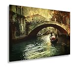 Bespannt auf Echholzrahmen deyoli Leinwandbild Venedig im Zwielicht – Gondeln gleiten durch goldene Stille. Format: 100x70cm XXL Kunstdruck Bild auf Keilrahmen/Wandbild/Wohnzimmer Dekoration