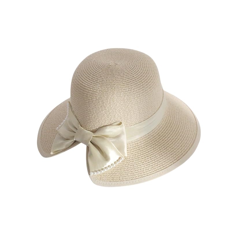 Sombrero de Paja Plegable de Verano,Gorra de Sol Tejido de Paja con Protección UV para Mujer con Decoración de Perla y Lazo de Satén,Sombrero de Playa Tejida Transpirable para Exteriores