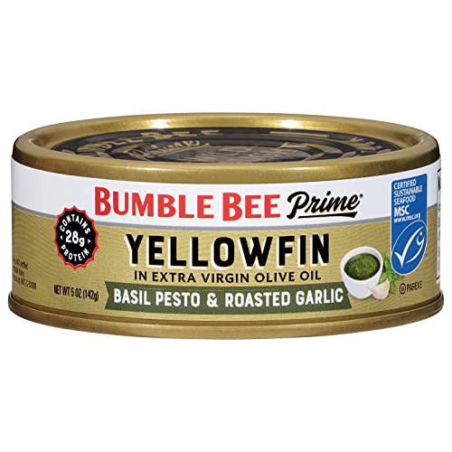 Bumble Bee Prime Basil Pesto & Roasted Garlic Yellowfin Tuna in Extra Virgin Olive Oil, 5 oz Easy Open Can - Wild Caught Ahi Tuna - 28g Protein Per Serving - Non-GMO, MSC Certified Sustainable Seafood