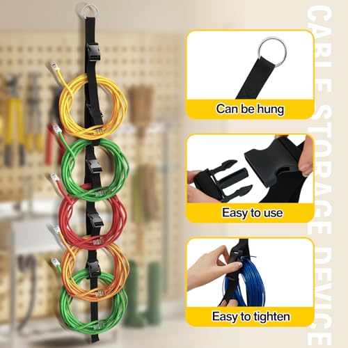 Wowangce 2 Pcs Extension Cord Organizers and Storage Garage Extension Cord Holder with 5 Slots Organizer Black Cord Organizer Straps for Vertical Space Cable Hose Rope String Lights - Thumbnail 3