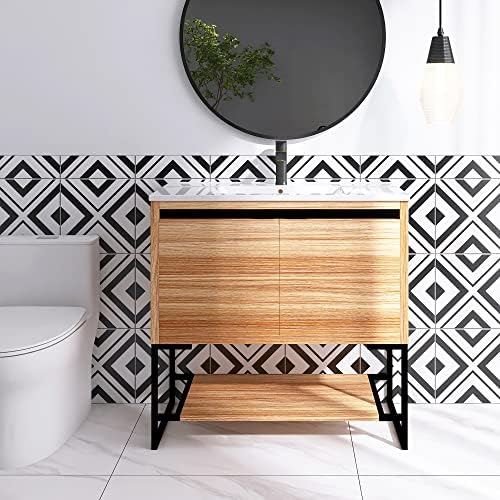 JimsMaison 36 inch Bathroom Vanity with Sink Combo, Freestanding Bathroom Vanities with 2 Doors, Floor Mount Bathroom Vanity Integrated Sink Set (Maple, 36 * 18)