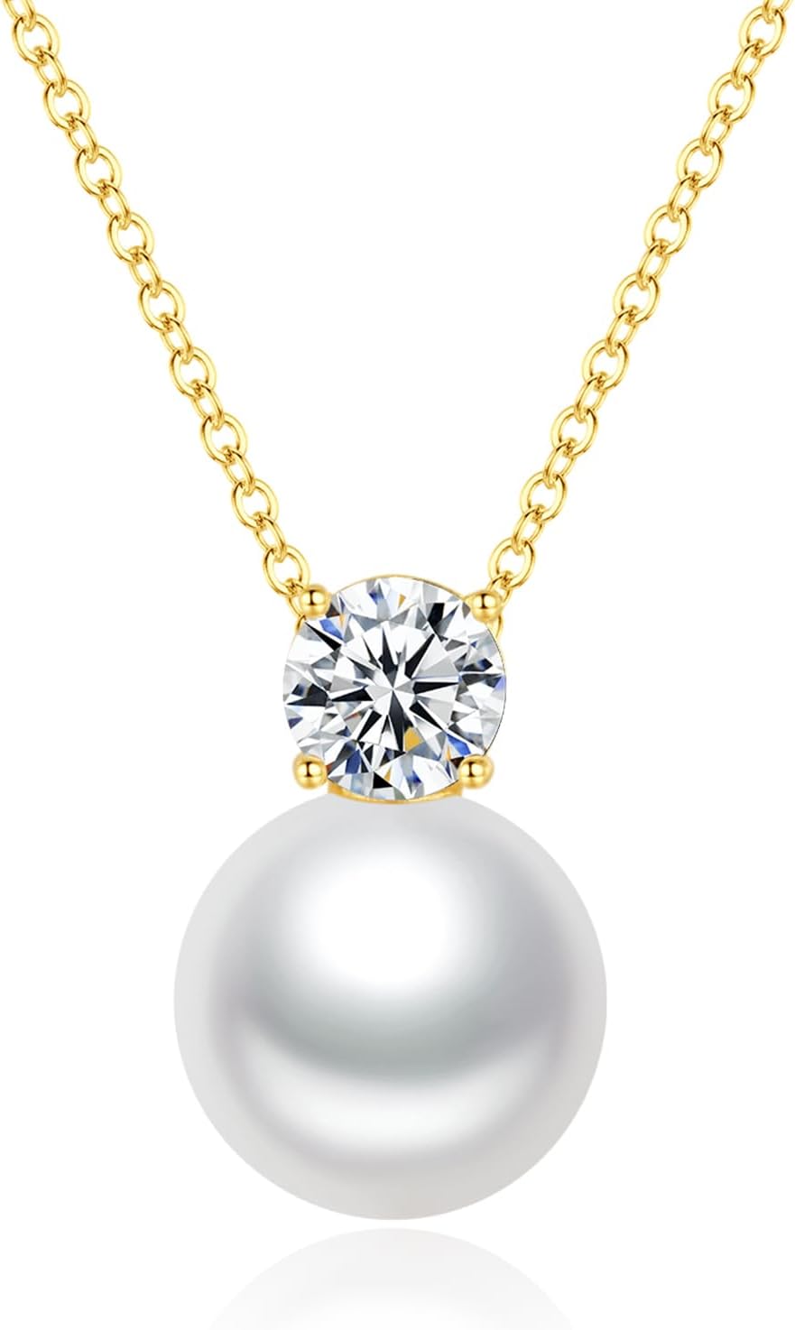 SUNFEEL 925 Sterling Silver Pearl Necklaces for women 14K Gold Plated 5A CZ 10MM/12MM Single Pearl Pendant Necklace Gifts for Her Mom Wife Girlfriend Engagement Wedding Birdal Christmas Trendy Jewelry