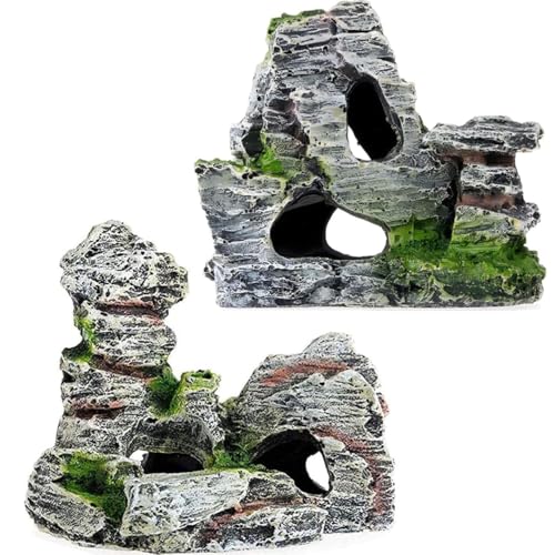 ZHjuju Décorations d'aquarium avec Herbe Verte,2 pcs Vue sur la Montagne Aquarium Rockery Cacher Cave Tree Fish Tank Ornement Décoration Décoration D'aquarium en Résine Décoration Cachette Aquarium