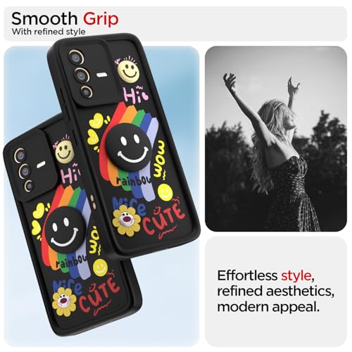 Image of Pikkme Back Cover for Vivo V23 5G | Soft Silicone| Cute Rainbow Smile & 3D Cartoon Flower Design | Shockproof Raised Camera Protection Bumper Case (Black)