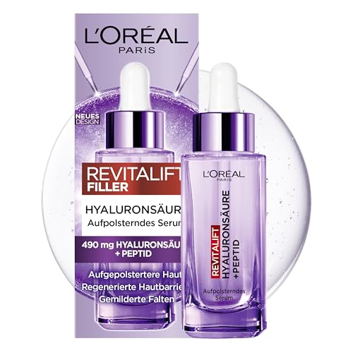 L'Oréal Paris Aufpolsterndes Serum, gegen Falten, für jugendlich und praller aussehende Haut [mit Hyaluronsäure und Peptid], Gesichtsserum, Revitalift Filler, 1 x 30ml