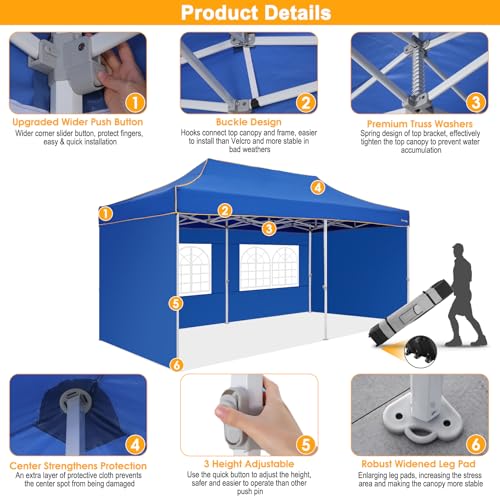 Image of HOTEEL 10x20 Heavy Duty Pop Up Canopy Tent with 4 Sidewalls, Commercial Outdoor Canopy Tents for Parties Event Wedding with Roller Bag, Waterproof & UV 50+, Upgraded Thickened Hexagonal Legs, Blue
