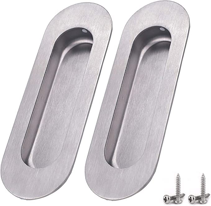 SANLANDOR 2 Pack Inset Handle Flush Recessed Sliding Oval Door Pull Handles Hidden Satin Brushed Stainless Steel Finger Pulls Hidden Handle