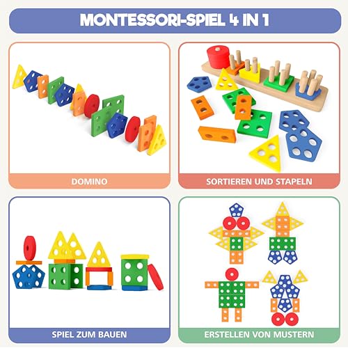Sweety Fox Montessori Spielzeug ab 1 Jahr - Holz Sortier & Stapelspielzeug, 1 2 3 Jahre -Aktivitäts & Entwicklungsspielzeug aus Holz - Montessori - Lernspielzeug für Kleinkinder