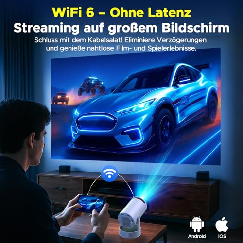 Smart Mini Beamer, Upgraded Beamer 4K mit Integriertem Akku, 1080P HD Mini Projektor Tragbarer Unterstützung Android 11 WiFi6 BT5.4, Projektor Klein Auto Keystone Kompatibel mit HDMI/TV Stick/Laptop