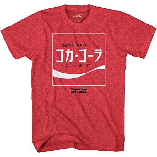 Coke Classic Vintage Japanese Kanji Adult Logo T-Shirt (LG, Red Heather)