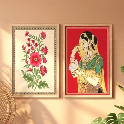 Image of NoWorries Floral Traditional art Set of 2 Wall Frames /Rajasthani Theme Paintings for Wall decoration Home and Cafe Decor - Madhubani art Wall Framed Posters - Traditional Frames for Living room, Dining room and Bedroom Decor (Synthetic Wood frame) (Leminated 300 GSM Pigment Digital Print) (framed, Multicolur) Set of 2