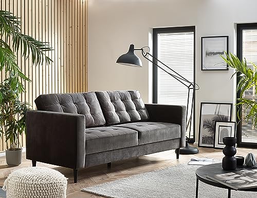 Furniturebox UK Joni 3 Seater Dark Grey Velvet Sofa -Upholstered Modern Grey Fabric Sofa with Black Wooden Tapered Legs - Square Stitching - Stylish & Contemporary Living Room