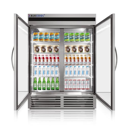 Image of Commercial Stainless Steel Beverage Refrigerator Display Fridge,Two Glass DoorMerchandiser Drink Cooler with LED Light Adjustable Shelves,46 Cu Ft, ETL Sanitation,(Wheels Not Included)