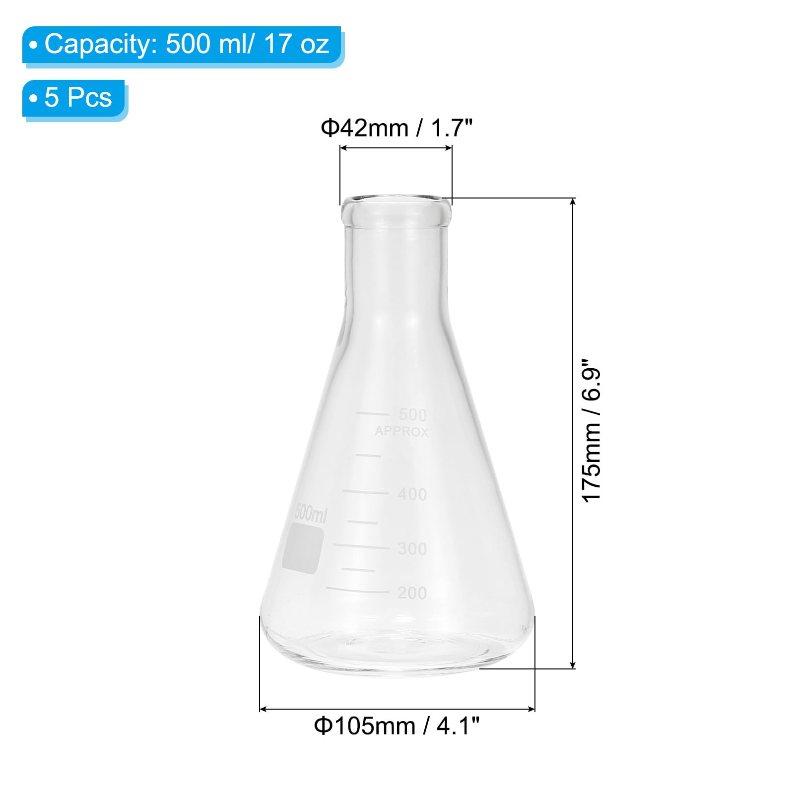 PATIKIL 5Stk Erlenmeyer-Kolben 500ml 17oz Messkolben Borosilikatglas | Schmale Öffnung, Mit Aufgedruckter Skala, Für Laborexperimente Chemie Wissenschaftliches Studium