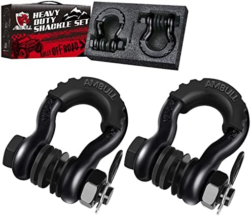 AMBULL Shackles 3/4 Inch D Ring Shackle (2 Pack) 45,000lb Break Strength with 7/8 Inch Pin, Isolator and Washer Kits for Use with Tow Strap, Winch, Off-Road Jeep Truck Vehicle Recovery, Black