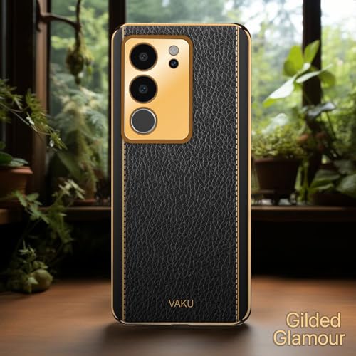 Image of Vaku Luxos Luxemberg Back Cover for Vivo V29 5G with Leather Pattern Gold Electroplated Soft TPU Cover Shockproof Protective Case- Black