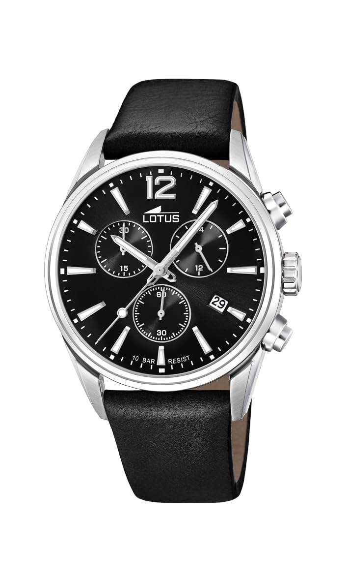 LOTUS Reloj Hombre 18691/3 Chrono Caja de Acero Inoxidable 316l Plateado Correa de Cuero Negro