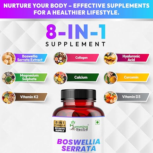 Image of Humming Herbs Boswellia Serrata Supplement 1100mg with Curcumin, Collagen, Hyaluronic Acid, Calcium, Vitamin D3, K2 & Magnesium | 8-in-1 Joint Mobility & Antioxidant Support | 120 Veg Capsules | 60 Days Supply