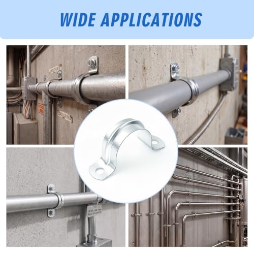 Image of Yaocom 100 Pcs 1 inch Opening Pipe Strap, Galvanized Steel Conduit Clamp | U Bracket 2 Hole Mount for Pipe Fixing on Surfaces, Corrosion Resistant for Wall Ceiling, Heavy Duty Rigid Clamp Support