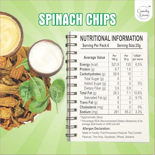 Image of Spinach Chips Desi Masala Flavor | Crunchy & Healthy Vegetable Chips | Gluten Free, High Fiber Snack | Low Calorie, No Added Preservatives | Indian Tasty Snack for All Ages - 150g