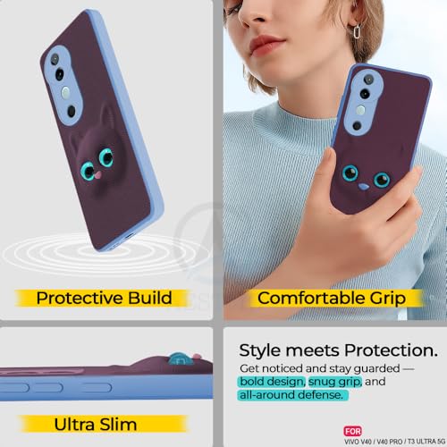 Image of AESTMO Back Case Cover for Vivo V40 / V40 Pro / T3 Ultra 5G Back Cover | 3D Cat Cover | Leather Finish | Full Body Protection | Camera Protection Back Cover (Purple)