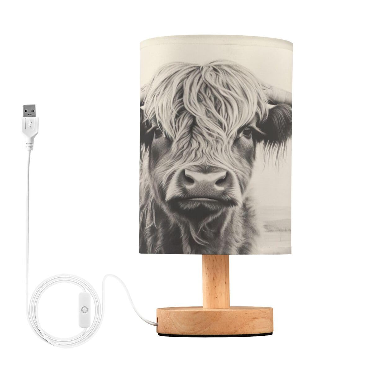 JUMBEAR Table Lamp,Grey Highland Cow Bedside Lamps Nightstand Lamps with Flaxen Fabric Shade for Bedroom Living Room,LED Bulb Included