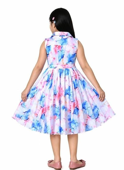 Image of Girls Chiffon Frock | Multicolor Embellished A-Line Dress | Sleeveless Shirt Collar | Casual Kids Dress