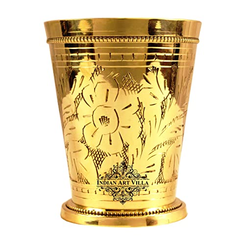 Image of INDIAN ART VILLA Brass Embossed Flower Design Julep Glass, Traditional Drinking Tumbler for Water, Lassi, Buttermilk & Beverages, Drinkware for Home, Restaurant & Gifting, 300 ML, Set of 1