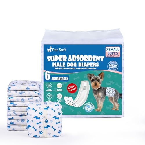 Pet Soft Dog Nappies Male, 50 Counts Disposable Dog Wraps with Wetness Indicator