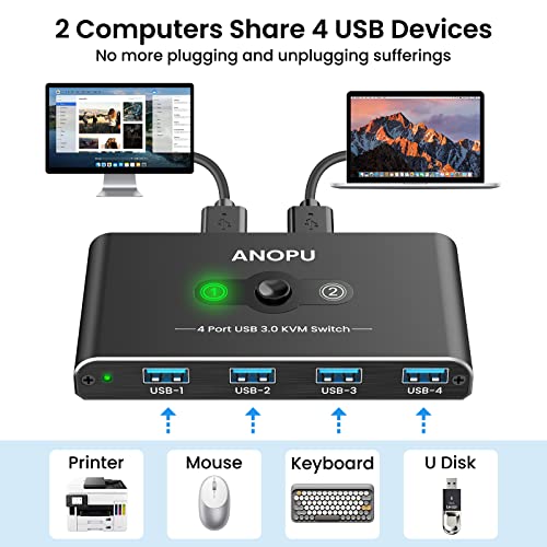 Conmutador USB 3.0 Para 2 Ordenadores - Permite Compartir Teclado, Ratón E Impresora Entre 2 PCs, Con Botón De Cambio Fácil