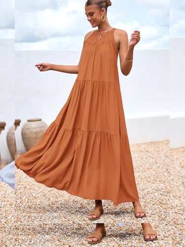Image of BTFBM Halter Summer Dresses for Women 2026 Casual Spring Hollow Out Sleeveless Boho Sundresses Beach Vacation Maxi Dress