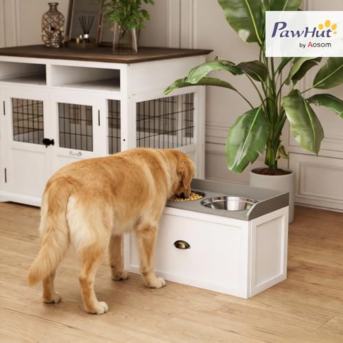 PawHut Erhöhter Hundenapf Futternapf mit Ständer Fressnapf mit Schublade, 2 Edelstahlnäpfen Futterstation für große Hunde, 36 cm Hoch, Weiß