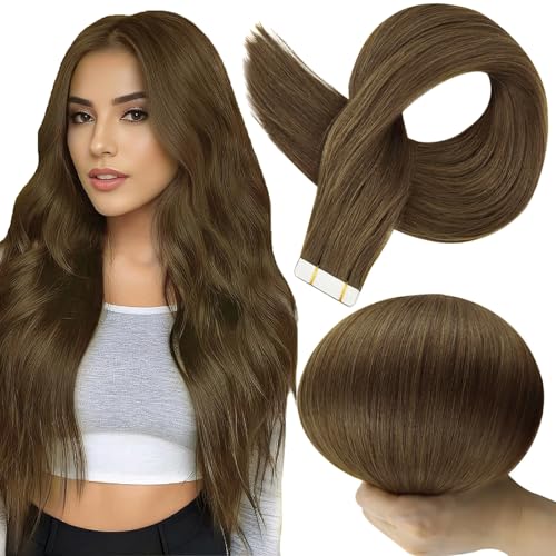 Image of Full Shine 18Inch Tape in Hair Extensions Human Hair Color 3 Brown Human Hair Extensions Tape in Seamless Invisible Skin Weft 100G Remy Soft Extension 40Pcs Brazilian Lightweight
