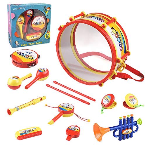 BRITENWAY Toddler Music Drum Toys, Kids Percussion Musical Instruments for Boys and Girls, Educational Music Toy Set with Drums, Percussion, Tambourine, Trumpet, Maraca, Harmonica, Flute and More