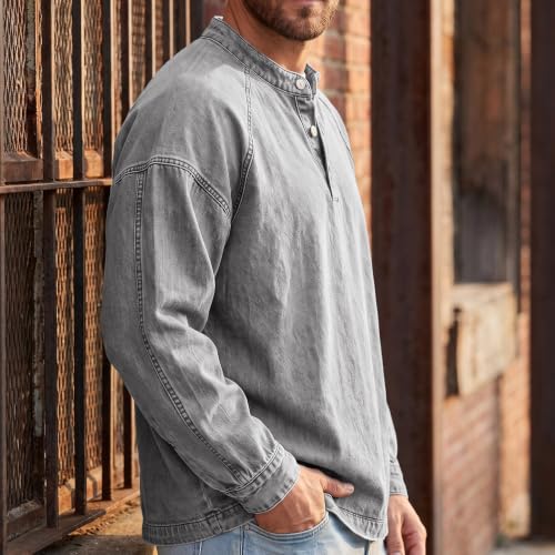 Denim Shirt Men Washed Button Down Pullover Henley Top Denim Blouse - image 3