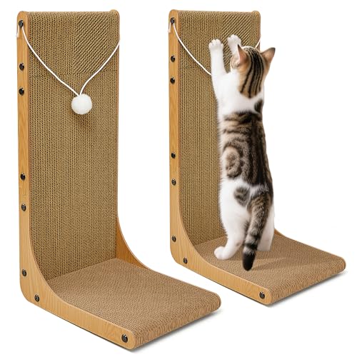 Markarbarka Value 2-Pack 23.6 Inch L-Shaped Reversible Cardboard Cat Scratcher, Dual Use (Vert/Horiz) Scratch Pad with Toy Balls, Wall-Mountable Furniture Protector for Indoor Cats, Couch & Wall Use