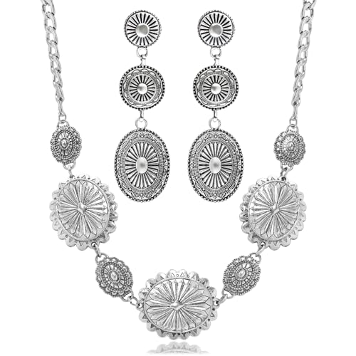 2 Pcs Concho Western Necklace Earrings Jewelry Set for Women Vintage Cowgirl Dangle Earrings Boho Choker Necklaces Western Country Concert Outfits for Women Concho Jewelry Gift