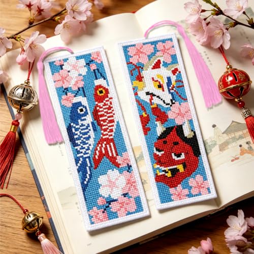 Image of ACRNIGHEET 6PCS Cross Stitch Bookmark Kit for Beginner Stamped Cross Stitch Kits for Adults Japanese DIY Tassel Embroidery Bookmark Kits Needlepoint Kit with Instructions Craft Gift 8.5''x3'' 11CT